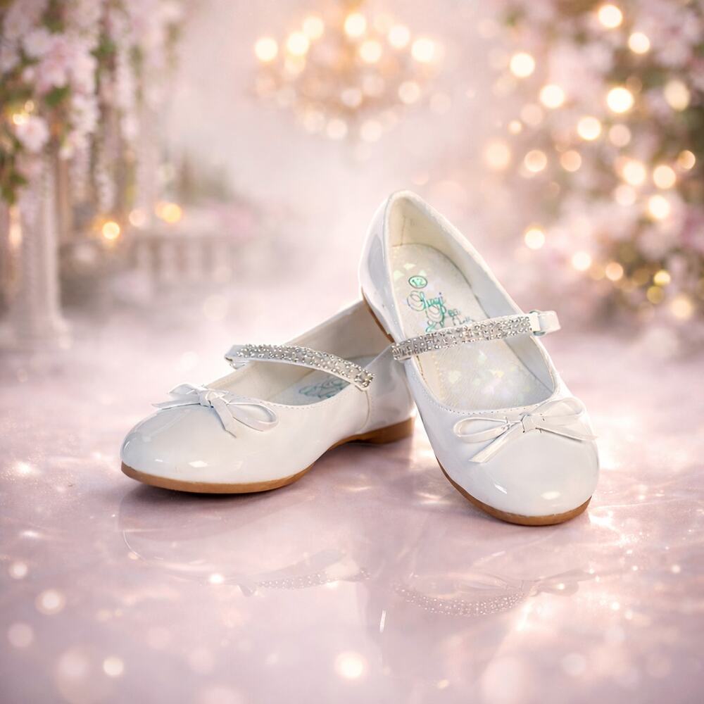 NEW Girl's Communion Dress Shoe - White/Patent Flat Shoe-Rhinestone Strap-Size 3